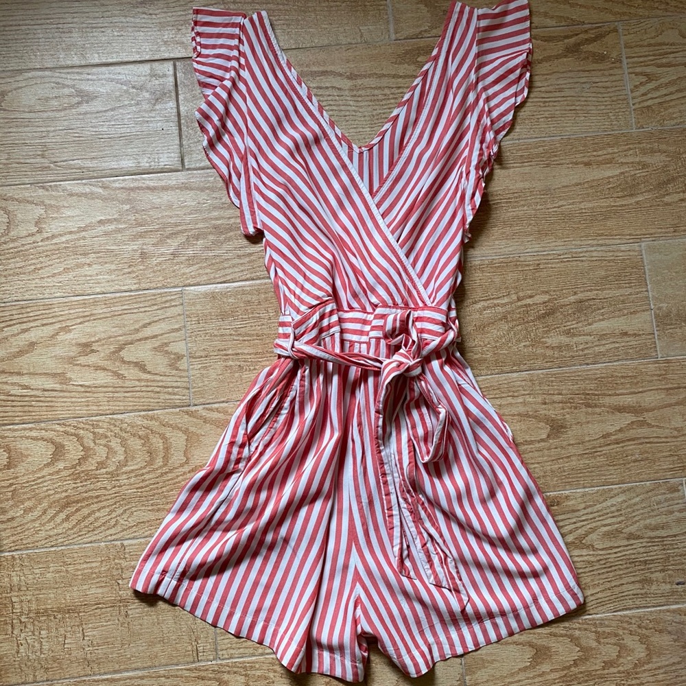LOFT Coral and White Striped Romper